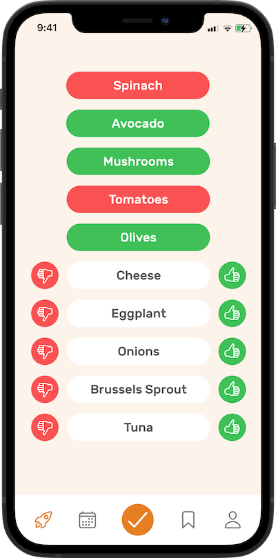 iPhone app user food preferences selection screen