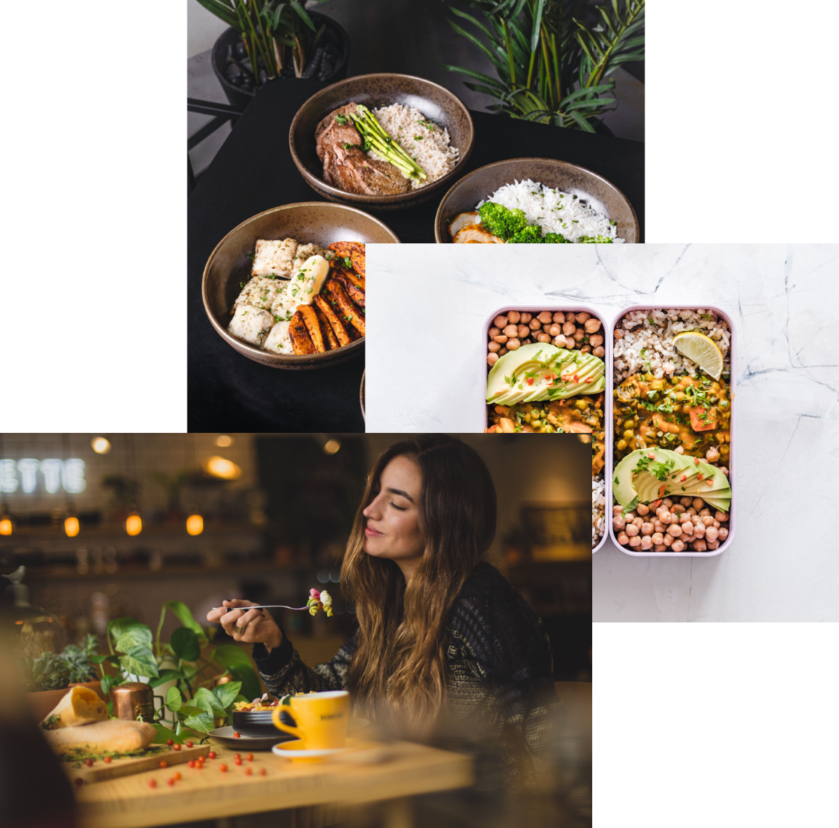 Women enjoying food a, meails in storage container, and food bowls on a table 